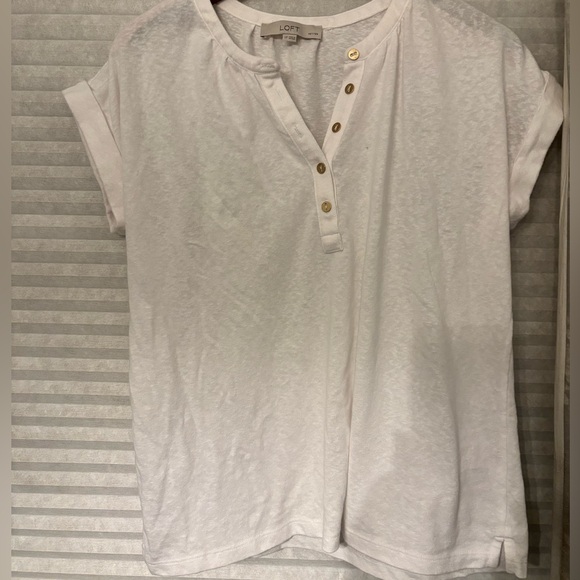 white LOFT Women's Henley Tee with cuffed sleeves and gold-tone buttons - Picture 3 of 6